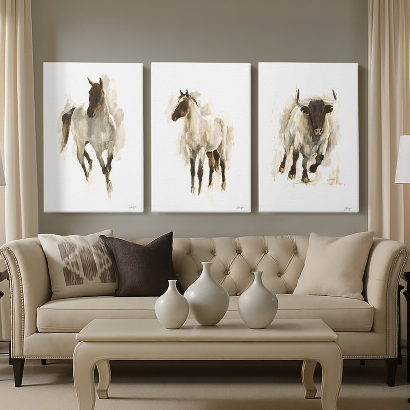 Rustic Horse I - Toile tendue avec châssis sur mesure - 3 pièces, H 27 po x l 54 po