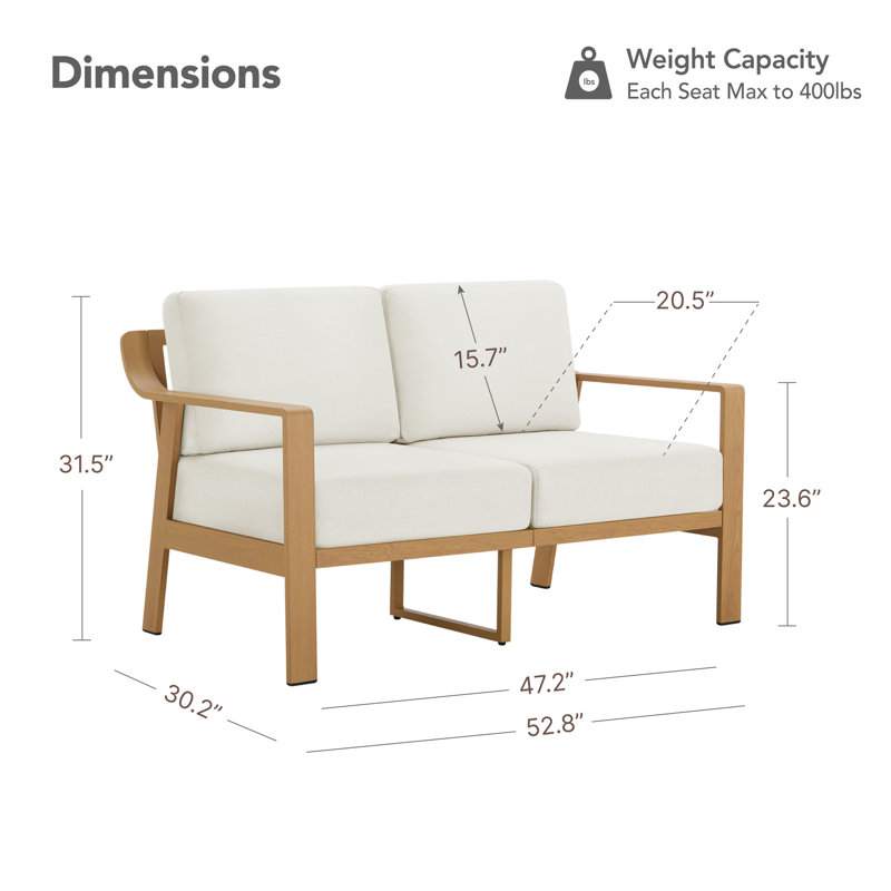 Causeuse d'extérieur en aluminium avec coussins de 52,8 po de largeur, Coussin beige / Cadre en bois naturel