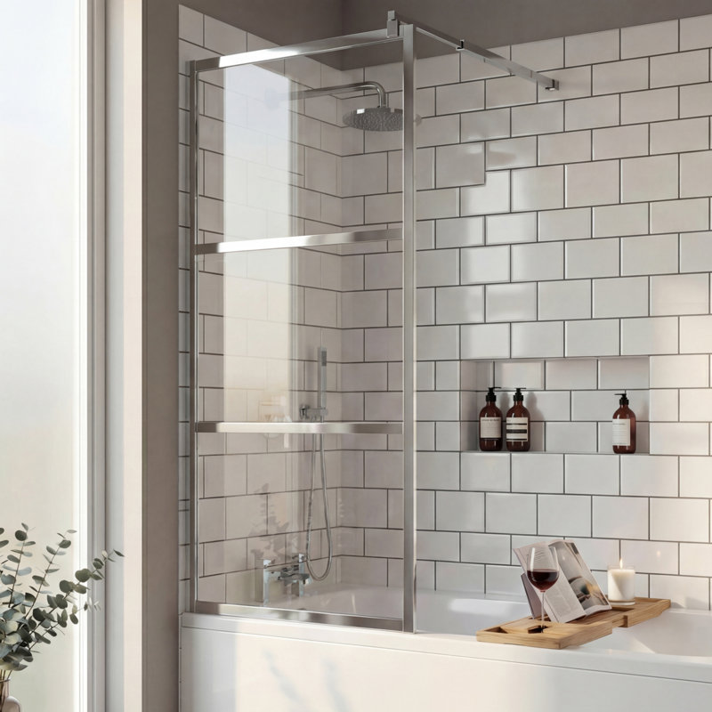   Panneau de verre de douche fixe encadré 32 po x 72 po - verre de sécurité trempé de 1/4 po (6 mm) avec film antidéflagrant, écran à 3 panneaux, barre de support réglable, scellant pour verre en prime inclus - argent