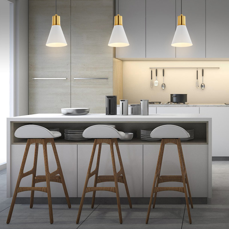 Luminaire suspendu Mid-Century moderne en fer à DEL 1 lumière Zurcher, Blanc / laiton doré