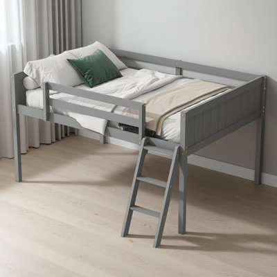 Full Size Wood Low Loft Bed With Convertible Ladder (left/right Placement) & Guardrails – Solid Pine & Mdf