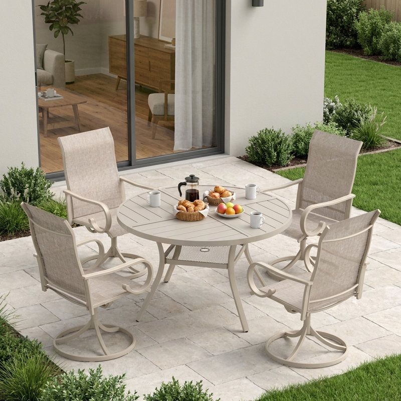 Ensemble repas pour 4 personnes avec table ronde et 4 chaises pivotantes en textilène, Sable / coquillage