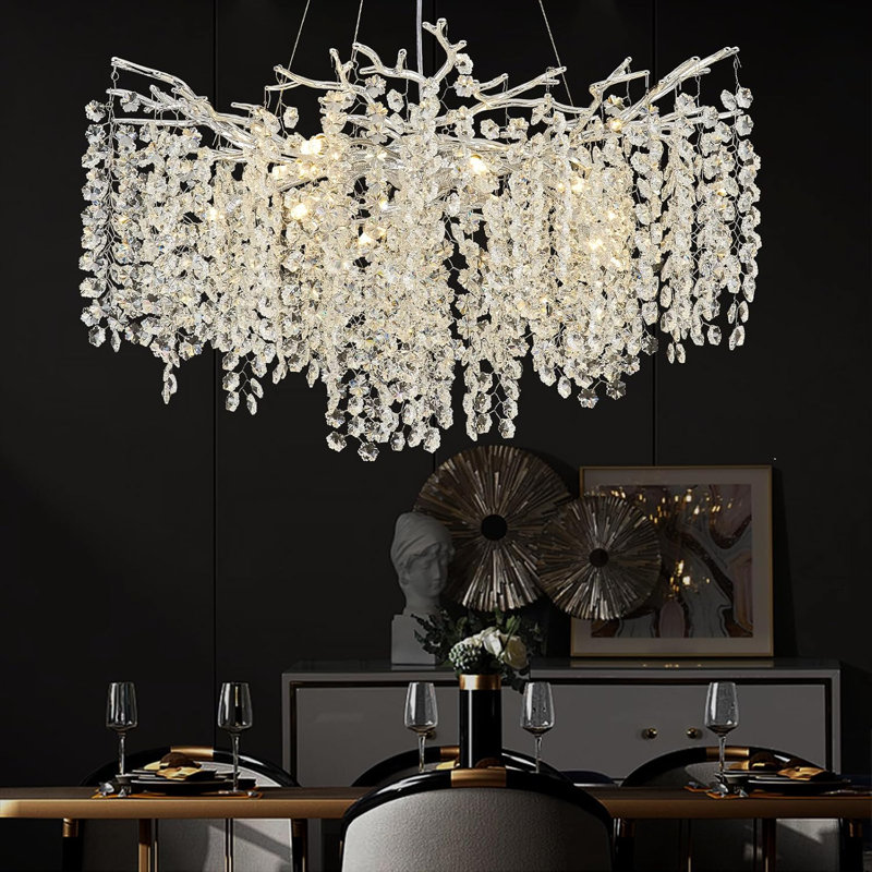 Lustre moderne en cristal K9, H 17,72 po x l 23,62 po x P 23,62 po, Argent argent, 8 lumières