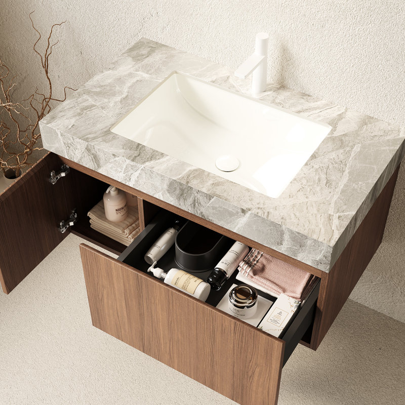 Meuble-lavabo flottant 36 po: - Pierre frittée de style, lavabo en céramique, rangement imperméable, tiroir et porte, agencement de couleurs chêne brun