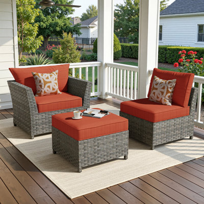 Briela 3-Piece Outdoor Patio Chair Set with Modular Lounge Chairs and Ottoman, All-Weather PE Wicker Seating, No Assembly Required