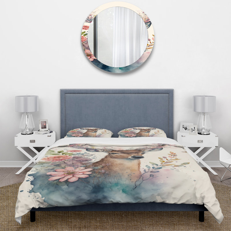 Cute Little Deer With Pink Flowers Microfiber / Polyester Duvet Cover SetMicrofiber / Polyester Duvet Cover Set