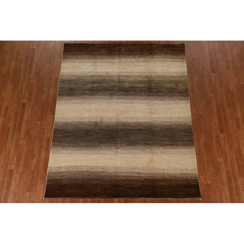 Tapis ivoire en laine noué à la main de conception unique 6 pi 5 po x 8 pi 2 po New Age