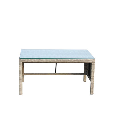 Light Gray Wicker Outdoor Coffee Table with Clear Tempered Glass Top for Patio and Backyard Use