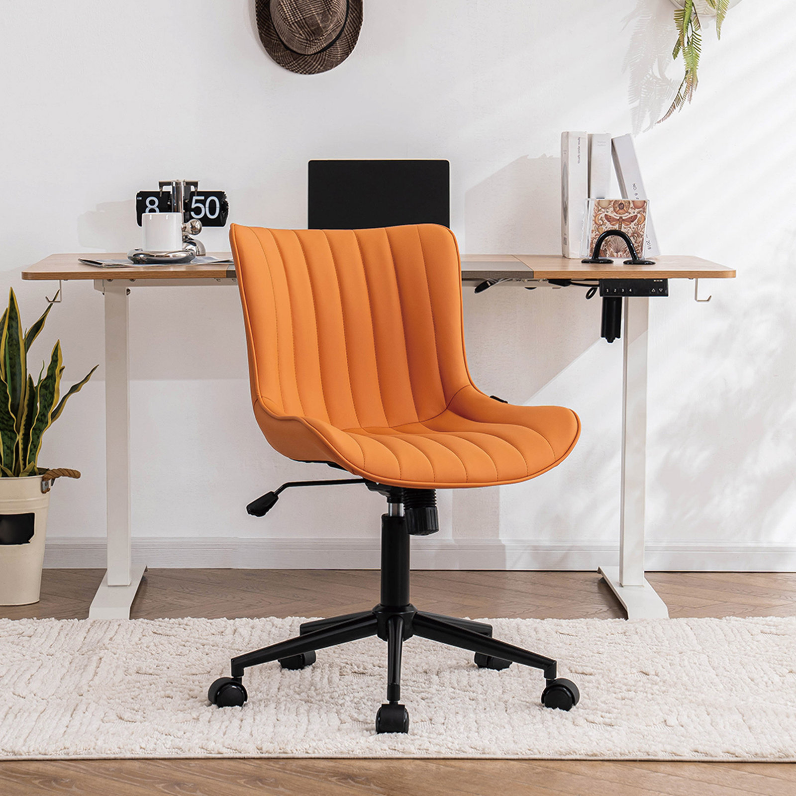 Brionni Leather Swivel Task Chair with Casters, Camel Seat/ Black Frame