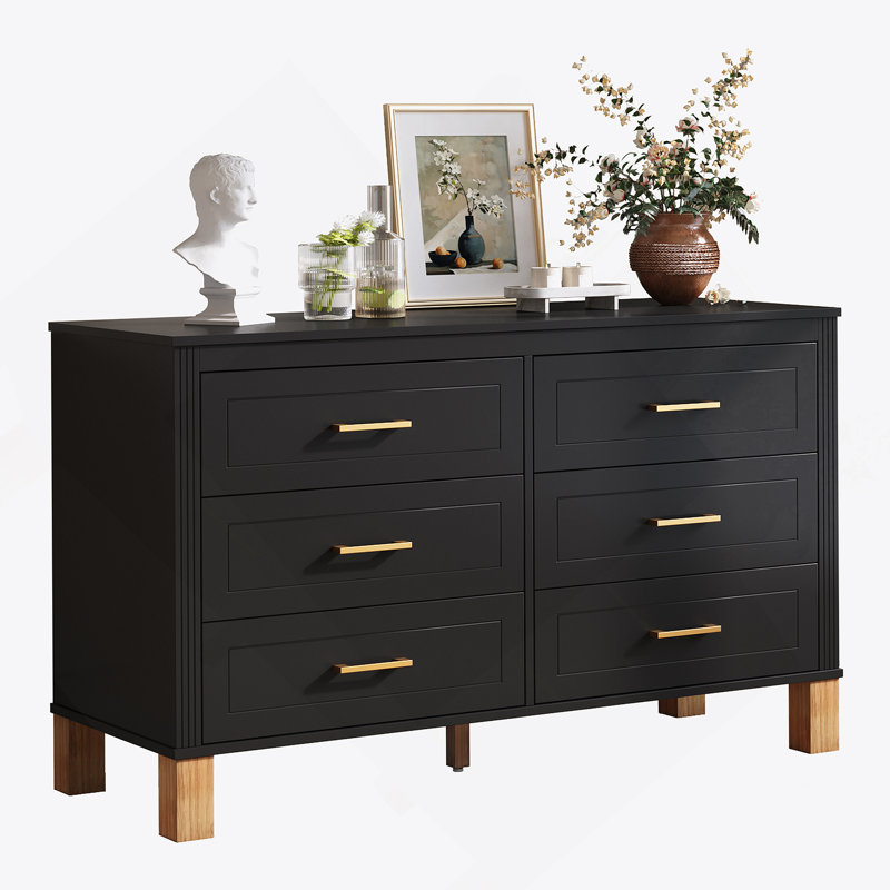 Commode 6 tiroirs, commode de rangement moderne avec poignées en métal et pieds en bois massif, Noir