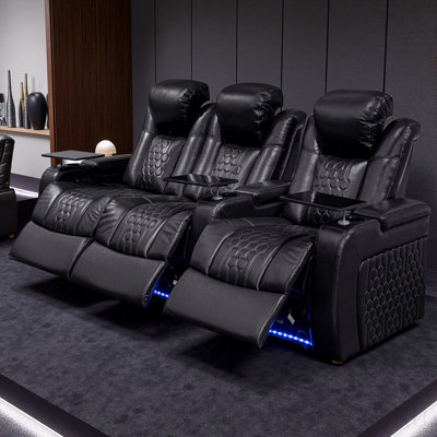 Fauteuil inclinable électrique 93,3 po 3 pièces fabriqué en nappa de grain supérieur, relaxation entièrement réglable, charge intelligente, éclairage à DEL RVB dynamique, noir