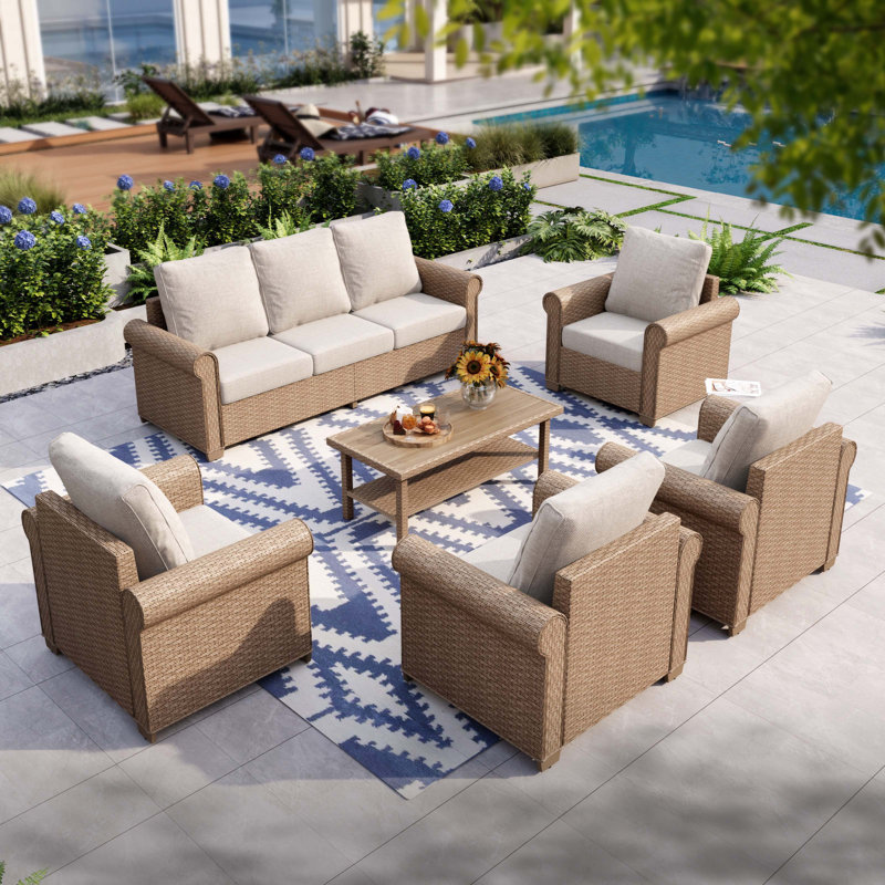 Rattan 7 - Person Seating Group with Cushions, Beige, No