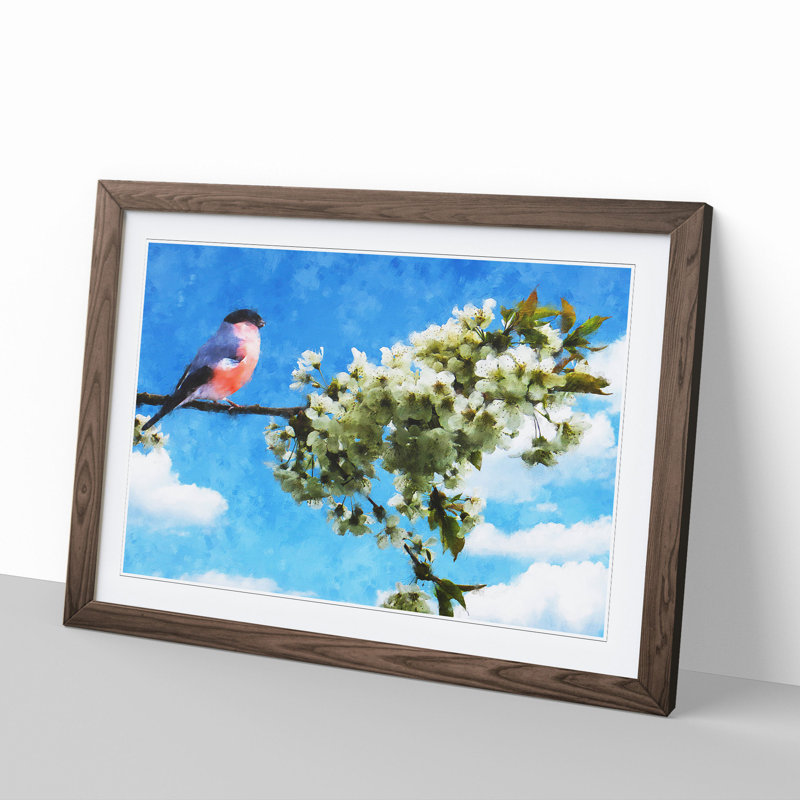 Bullfinch Bird on a Tree - Picture Frame Painting, 27cm H x 36cm W x 2cm D, Walnut Framed