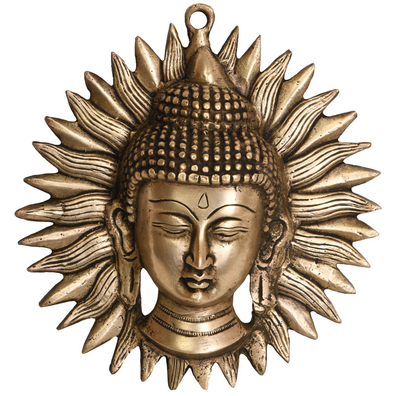 Masque de Bouddha suspendu en laiton 7 "avec éclats de soleil - art bouddhiste tibétain fabriqué à la main pour la méditation, salon et décoration murale spirituelle
