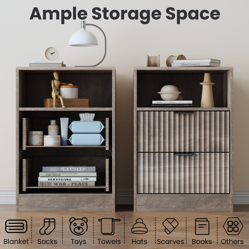 Table de chevet moderne à 2 tiroirs avec lumière DEL et station de charge, table de chevet en bois d'ingénierie avec prises USB et tablette ouverte pour la chambre à coucher et le salon (ensemble de 2)