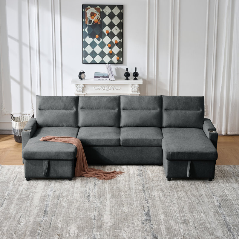 109" U-Shaped Convertible Sectional Sofa, Pull-Out Sleeper Bed With Hidden Storage Chaise, Built-In USB Charging Ports & Cup Holders, Removable Back Pillows, Beige Fabric Couch For Living Room & Apartment