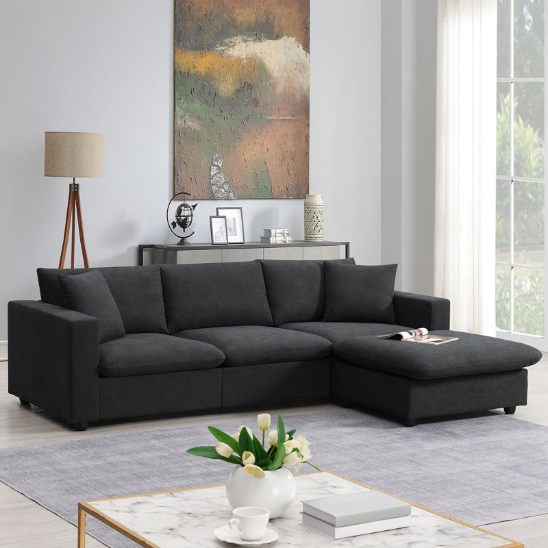 100.4*64.6" Modern Sectional Sofa,L-Shaped Couch Set With 2 Free Pillows,4-Seat Polyester Fabric Couch Set With Convertible Ottoman For Living Room, Apartment, Office