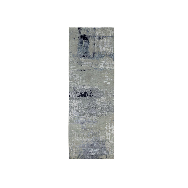 Tapis de couloir gris clair / bleu noué à la main de conception unique 4 pi x 10 pi Frater