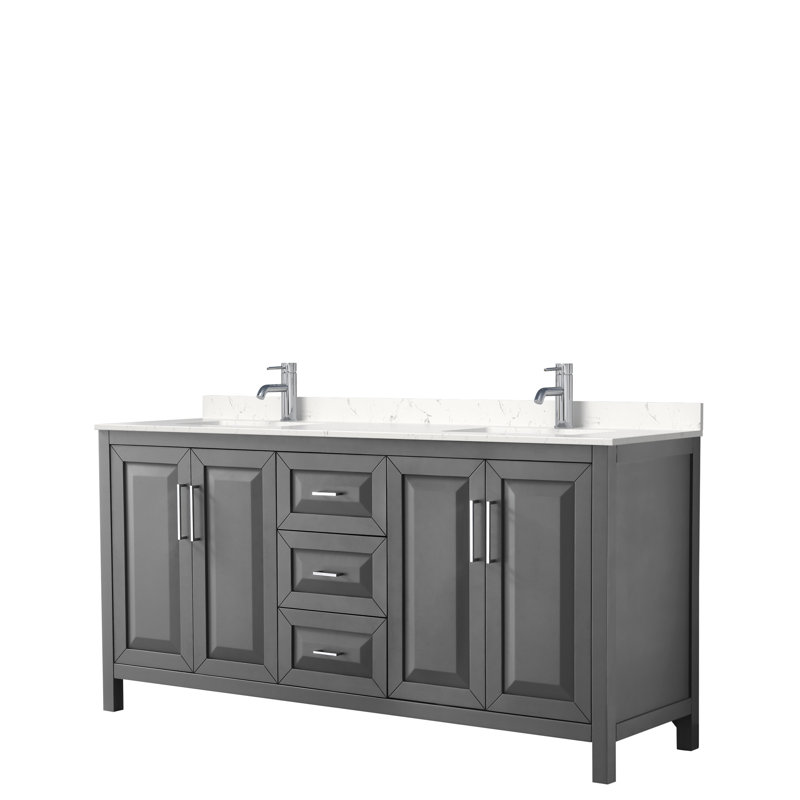 Daria 72'' Double Bathroom Vanity with Carrara Marble Top, Dark Gray, Carrara Cultured Marble, Polished Chrome
