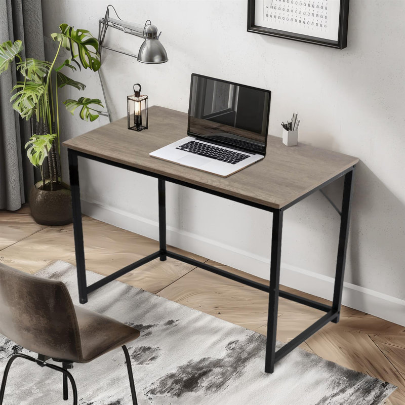 Computer Desk Office Work Rustic Wooden Grain Finish Rectangle Oira, Grey/Black, 76cm H x 100cm W x 50cm D
