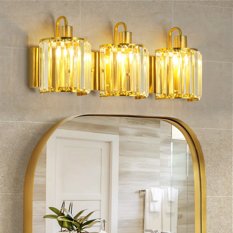 Applique murale moderne à 3 lumières pour salle de bain avec abat-jour en cristal transparent, Laiton