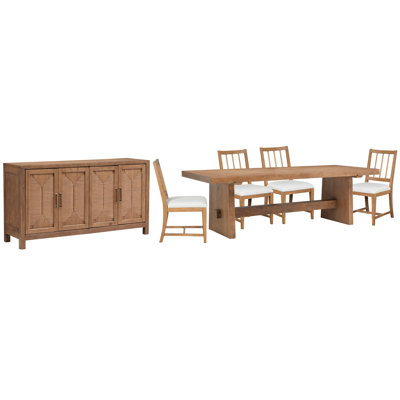 Trestle Dining Table With 4 White Side Chairs And Buffet