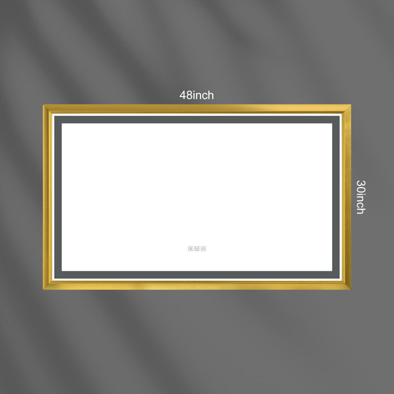 Miroir de salle de bain avec cadre en aluminium et éclairage à DEL, 30 po x 48 po, Or brossé