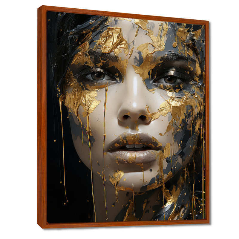 Portrait de femme glamour noir doré - art mural mode femme pour le salon, H 32 po x l 16 po x P 1 po, Cadre flottant brun