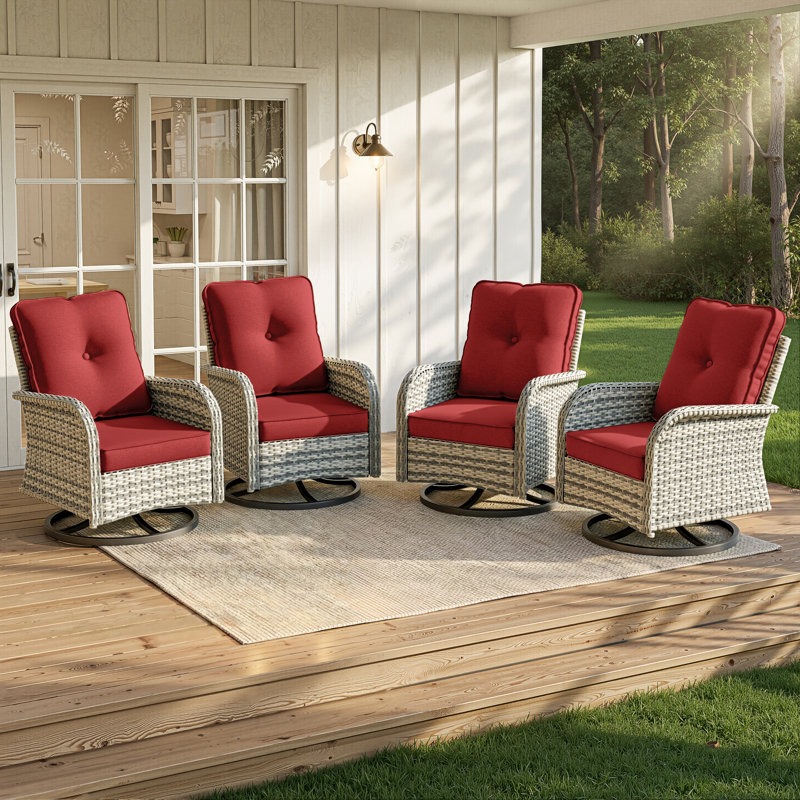 4-Piece Outdoor Wicker Swivel Rocking Chairs With Cushioned Seats, Red