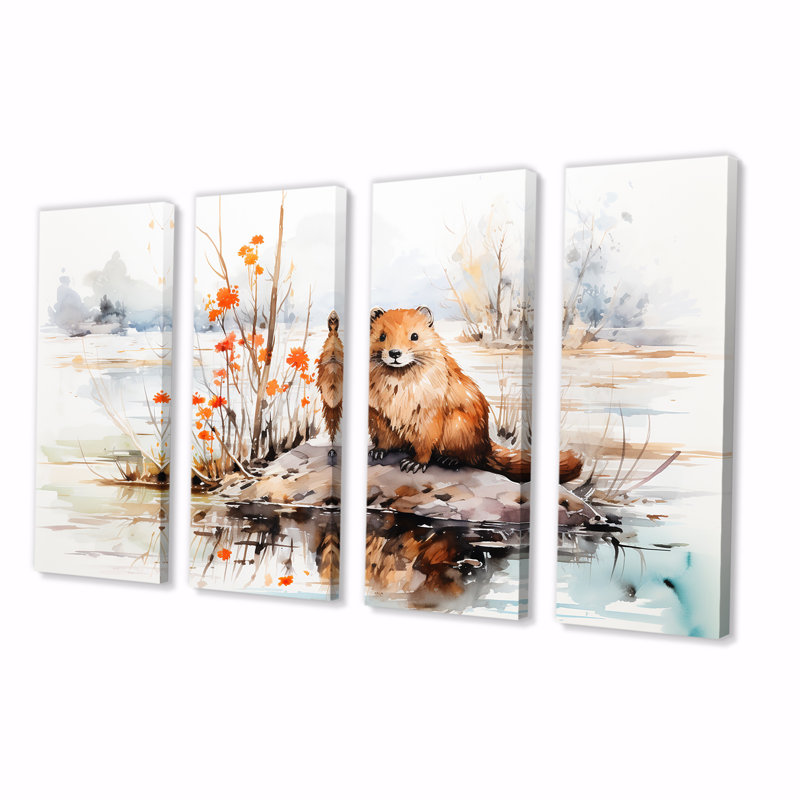 «Watercolor Stream Beaver Serenity I - Beaver», art mural 4 pièces, H 28 po x l 48 po