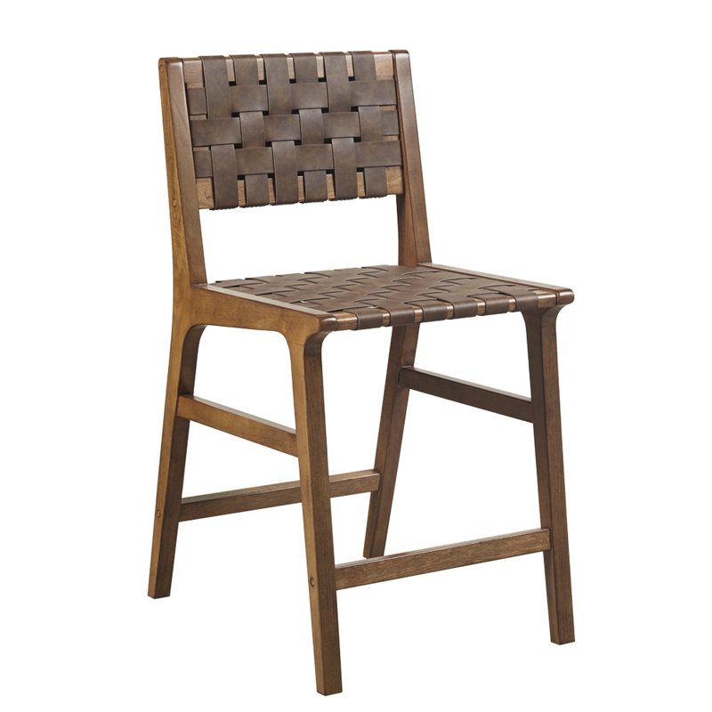 Tabouret de comptoir en similicuir tissé H 24 po - construction en bois massif, finition pacane, attrait décontracté Mid-Century, chaise assortie, pieds, design, limite de poids de 300 lb