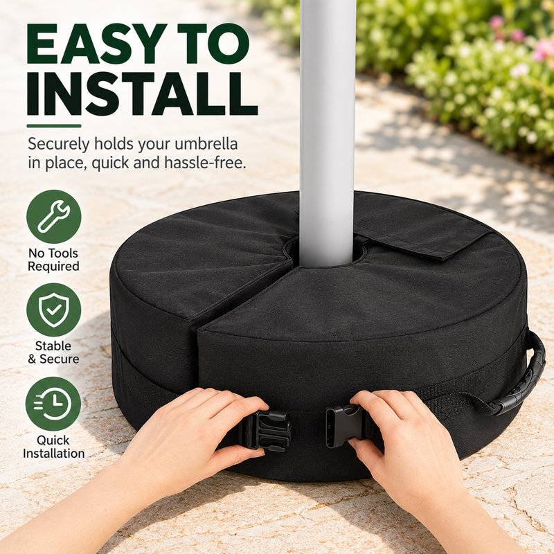 Sac de lestage rond de 45,7 cm (18 po) pour pied de parasol – Sac de sable imperméable 900D avec ouverture à anneau brisé et boucle à dégagement rapide, ancrage robuste pour parasol de patio, tente-auvent, tonnelle et support extérieur (noir)