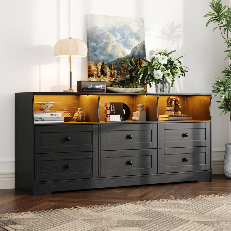 Commode 6 tiroirs pour chambre à coucher, commode en bois mince avec prises de courant, lumière DEL et tablette ouverte, Noir