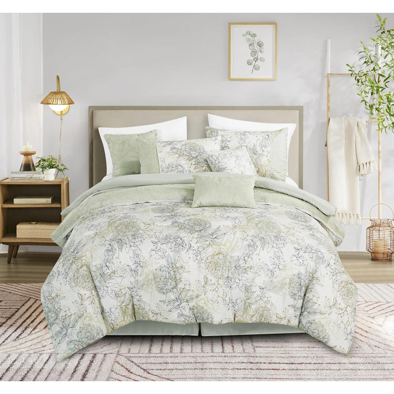Allery Floral Botanical Embroidered Comforter Set, Brown/Gray/Soft Green, King Comforter  + 6 Additional Pieces