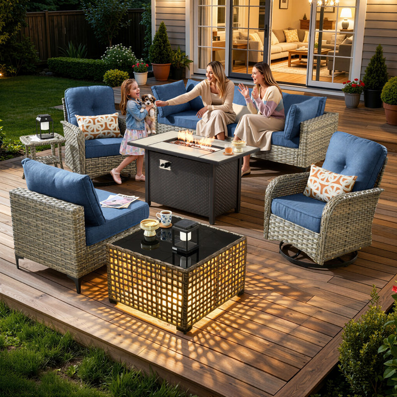 6 Seats High Quality Pe Rattan Outdoor Furniture Sofa With Rocking Chair And Stove, Can Be Freely Combined, Blue