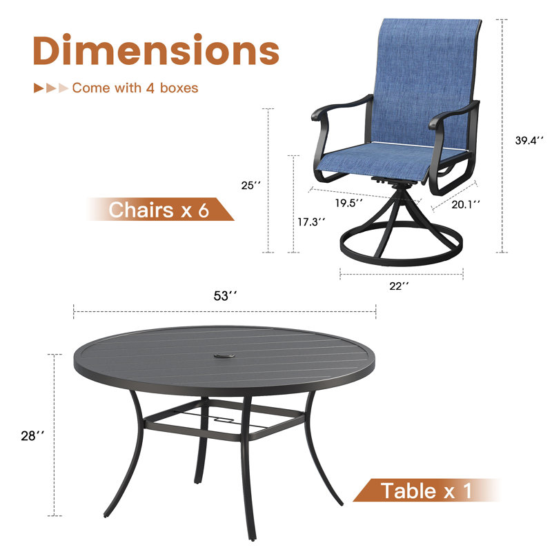 Atlasburg 6-Person Patio Dining Set with 53" Round Patio Dining Table and 6 Swivel PVC-coated polyester Dining Chairs