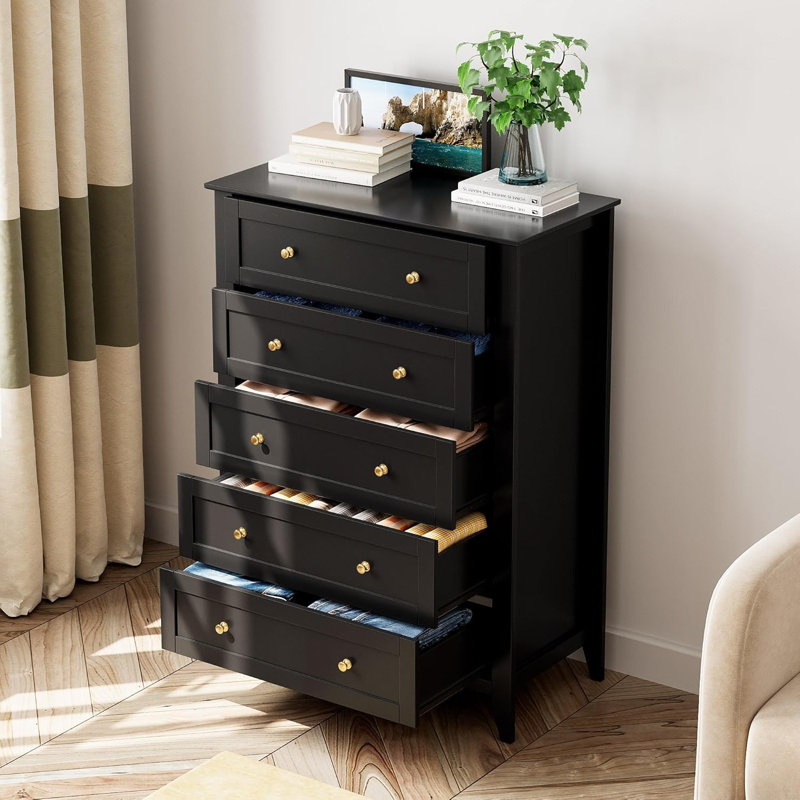 5-Drawer Tall Wooden Dresser with Deep Drawers & Knobs, ‎Black/Sliver