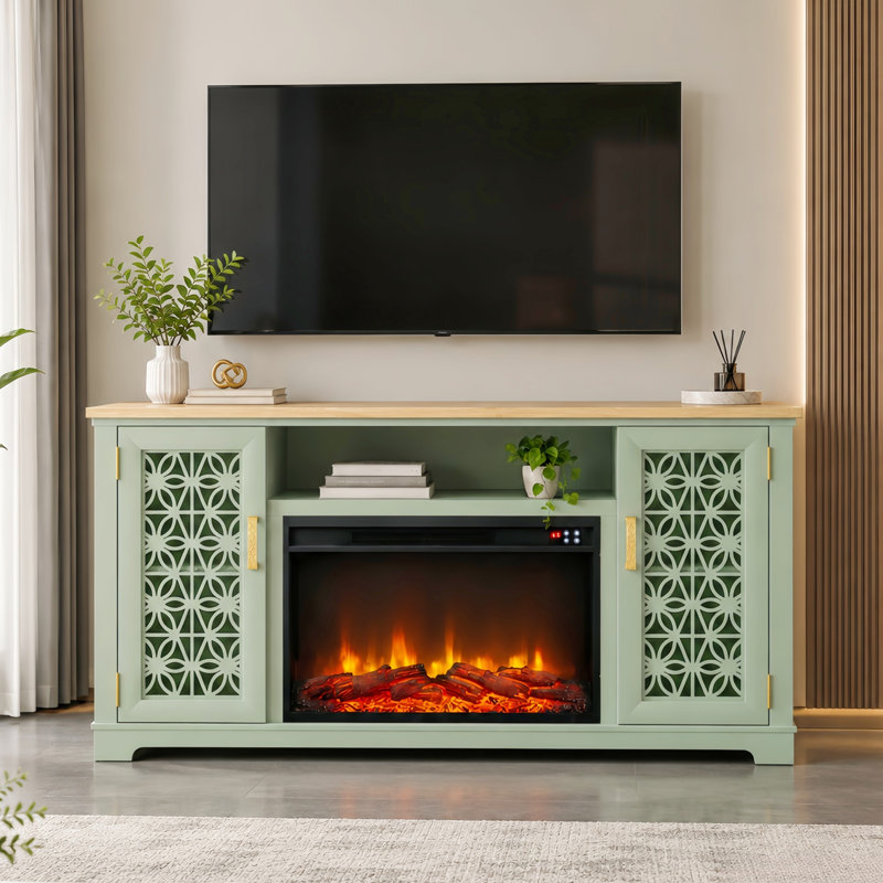 Meuble télé pour téléviseurs jusqu'à 65 pouces, foyer électrique intégré avec portes d'armoire à motif floral, Vert
