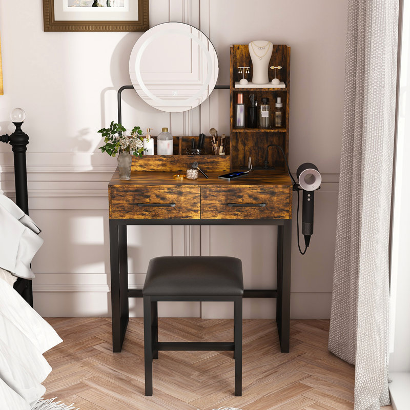 Coiffeuse à maquillage de style américain avec lumières à DEL, 2 grands tiroirs, rangement ouvert et luminosité réglable, brun, tablettes de rangement de construction, prise de courant, ports,