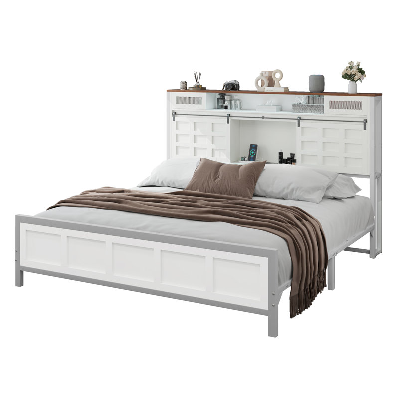 Farmhouse Platform Storage Bed with Bookcase Headboard and LED Lights, King, Walnut/White