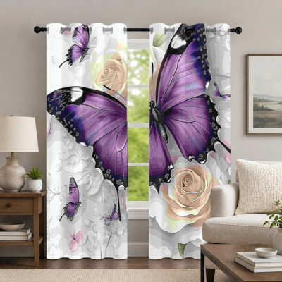 2Pcs Purple Butterfly and Rose Curtains, Romantic Floral Style Window Treatment, Vivid Botanical Printed Art Grommet Drapes, Home Decor for Bedroom Living Room