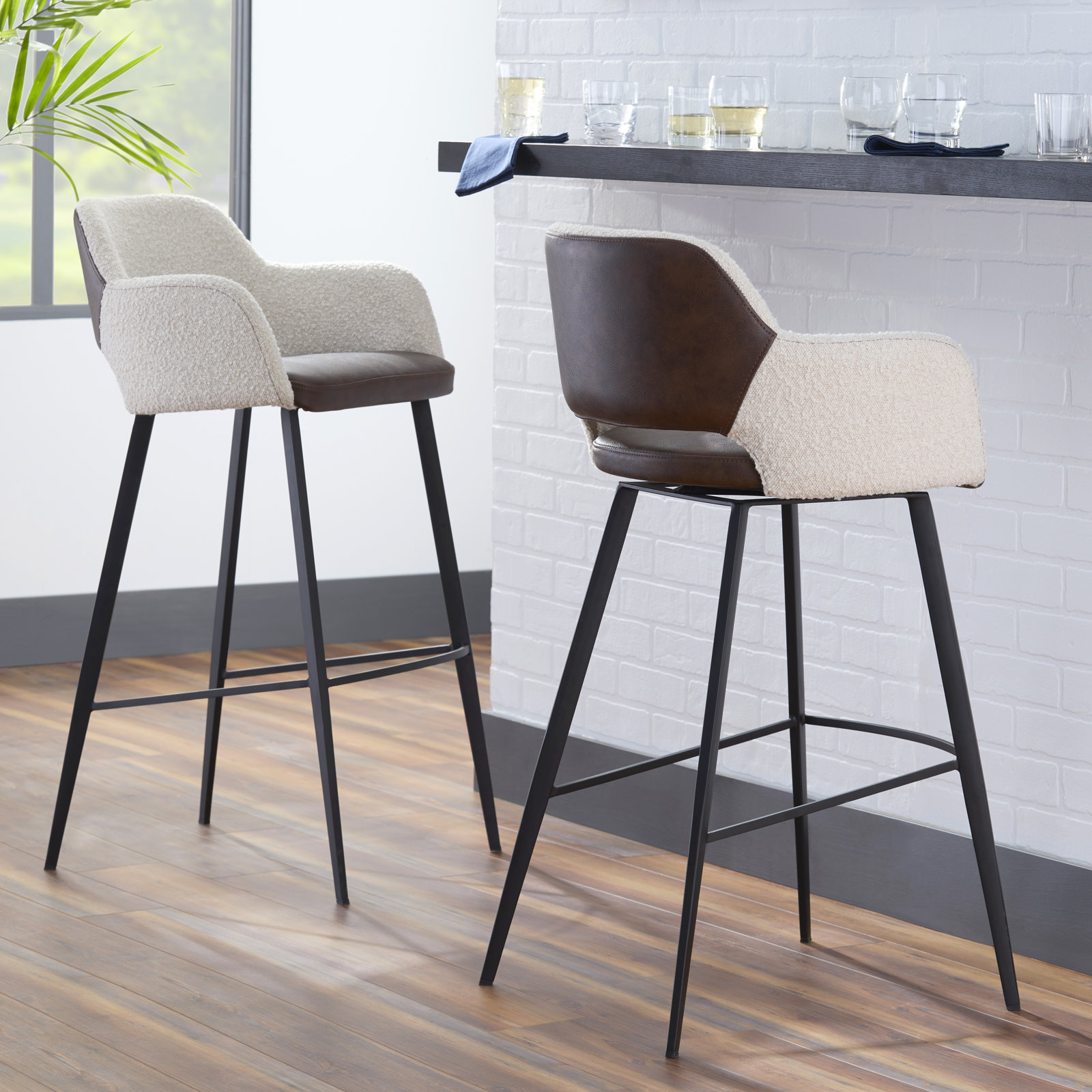Ivonne Swivel Bar & Counter Stool, Bar Stool (29.34” Seat Height), Dark Gray Faux Leather