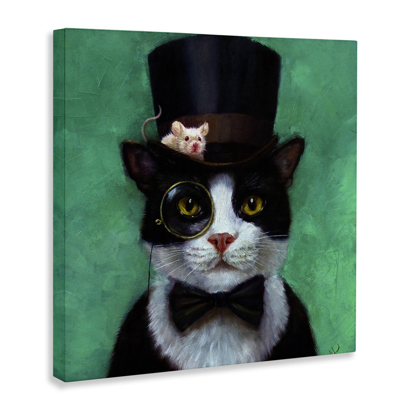 Good Sir Top Hat Cat with a Mouse and A Monocle Panoramic Graphic Art Print Set on Canvas, 17" H x 17" W