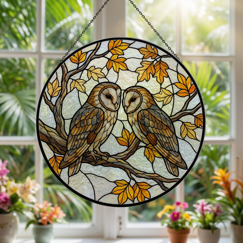 Paire de vitraux Owl, 12"H