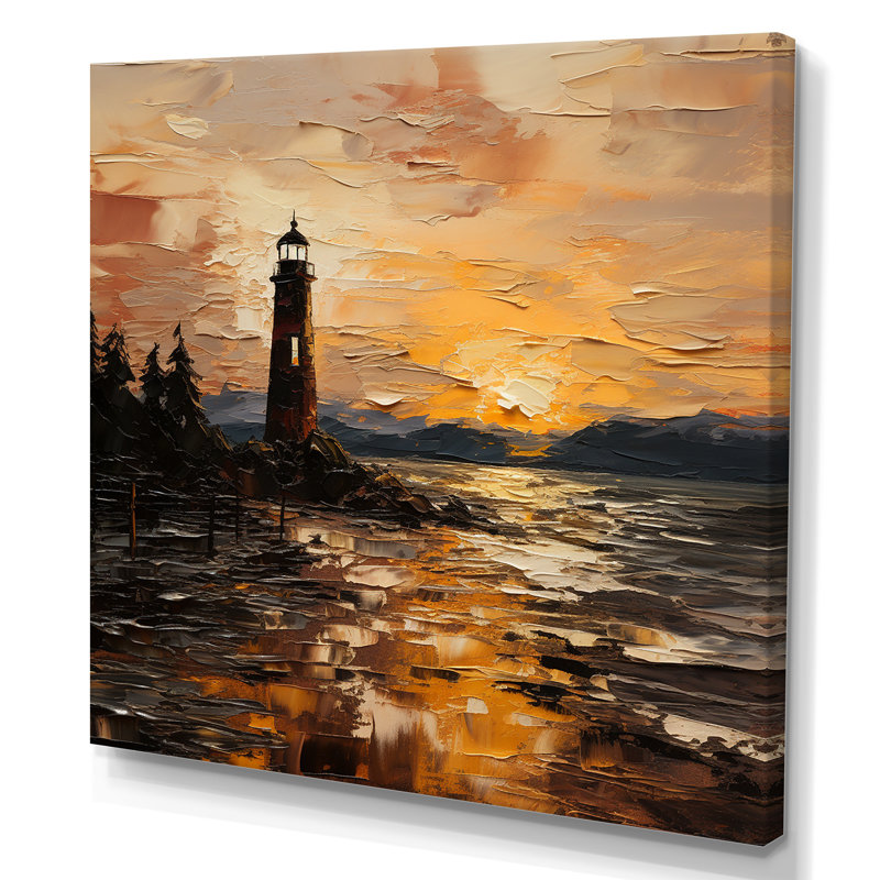 Peinture jaune du phare au coucher du soleil I - art mural coucher de soleil côtier, Toile tendue, H 16 po x l 16 po