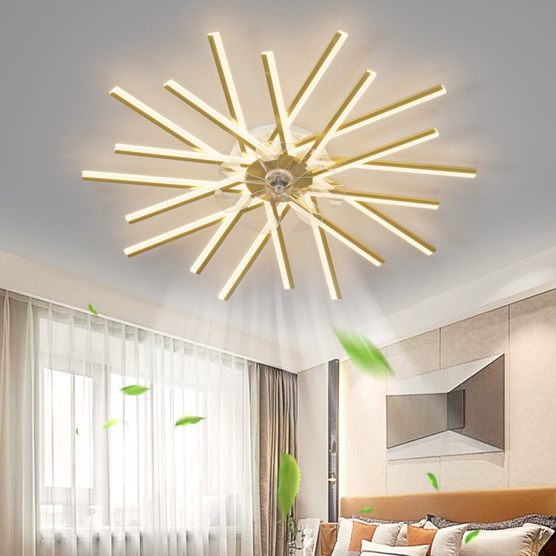 Dimmable and Timing 6 Gear Wind Speeds LED Modern Ceiling Fan Light with Remote/APP Control, Gold