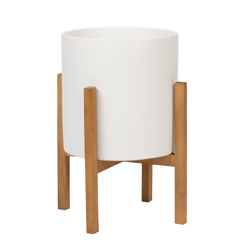 Surles Round Modern Ceramic Indoor Pot Planter with Wood Legs, White, 19" H x 13.5" W x 13.5" D