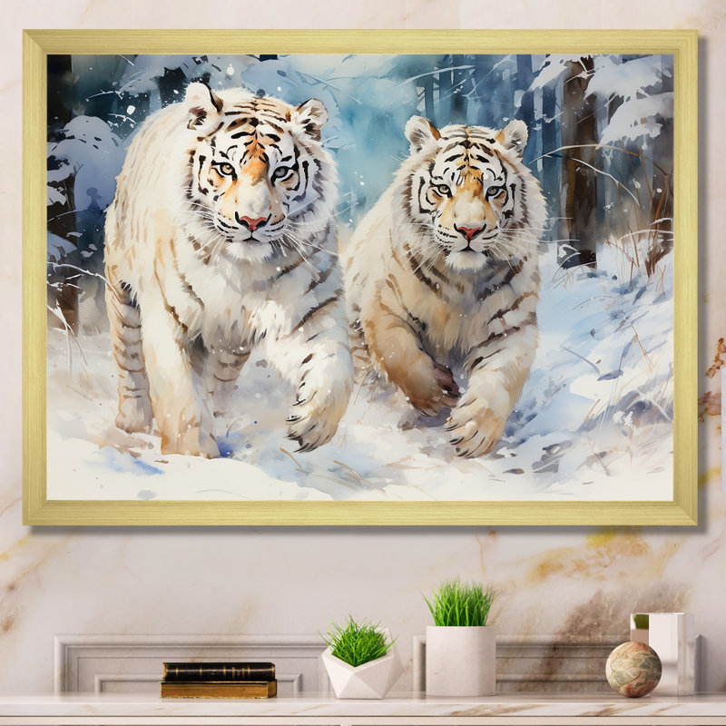 Tigres blancs jouant dans la neige IV - tigre, art mural, Cadre doré à coins fermés, H 30 po x l 40 po x P 1,5 po