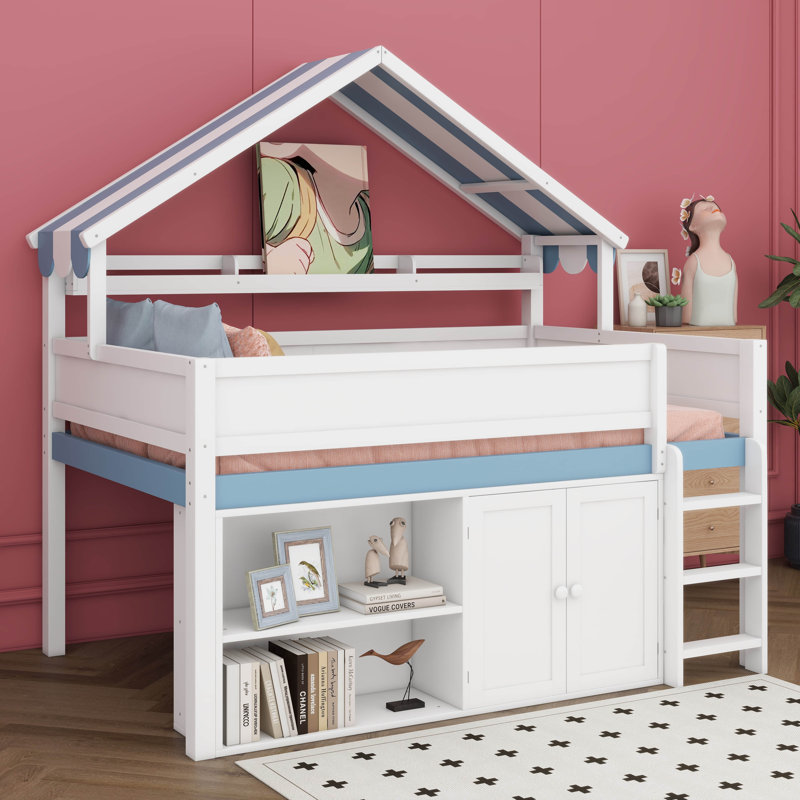 Full Size Low Loft Bed With Canopy Roof, Wood Loft Bed With Storage Cabinet, Open Shelves & Roof Design, House Bed Frame