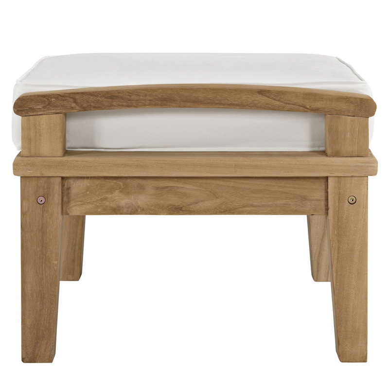 Natural Teak Wood Outdoor Patio Ottoman with White Cushion